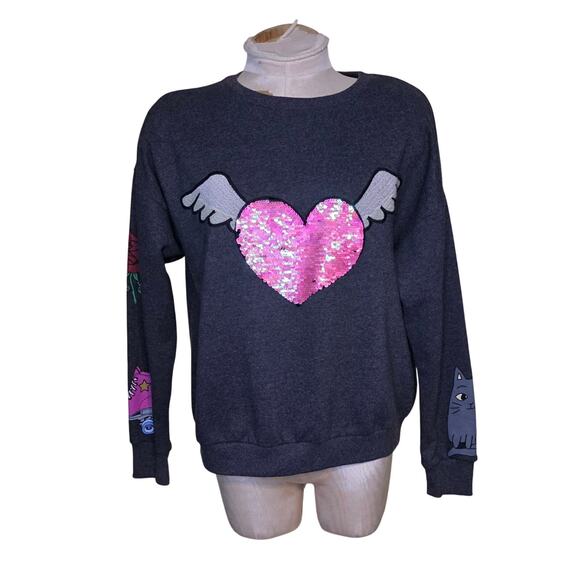 Zara Sequined heart sweatshirt vintage cat graphic girls Size 13/14 gray - Picture 1 of 8